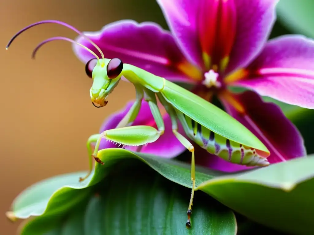 Detalle asombroso de una mantis orquídea verde sobre una flor rosa