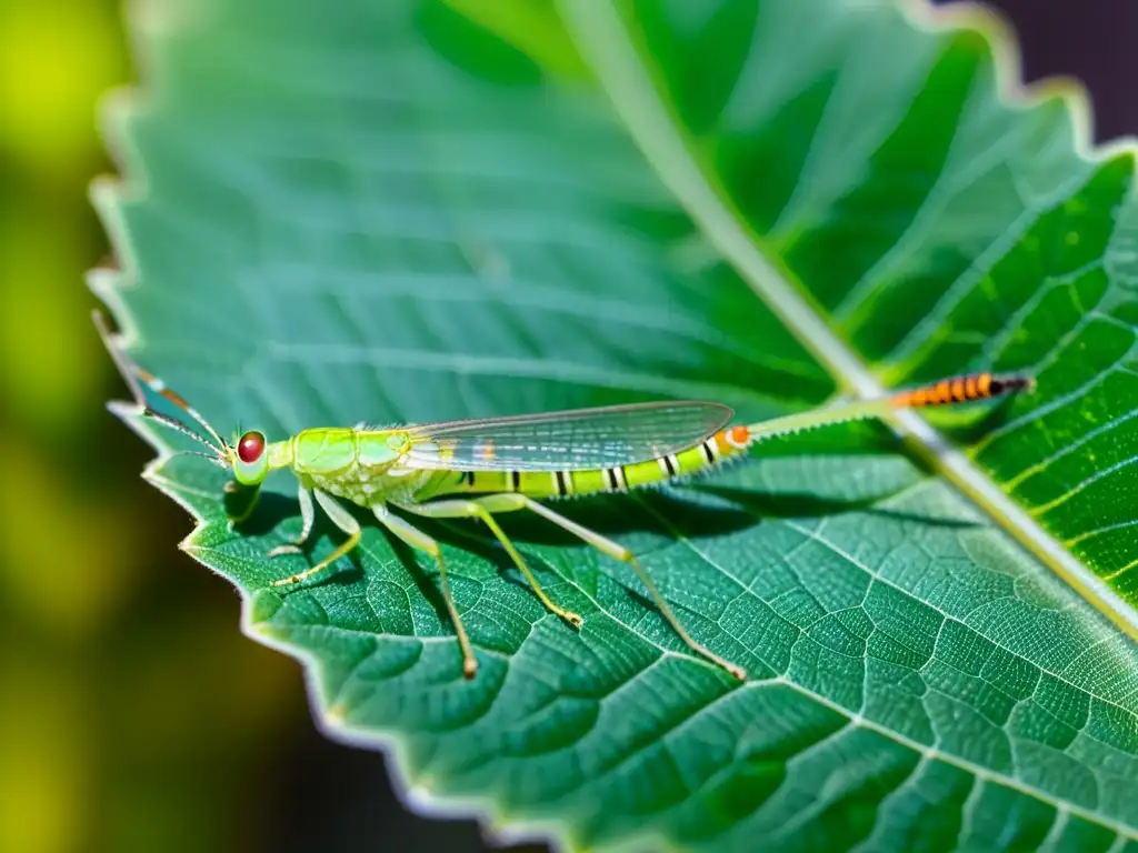 Detalle asombroso de una crisopa verde sobre una hoja traslúcida