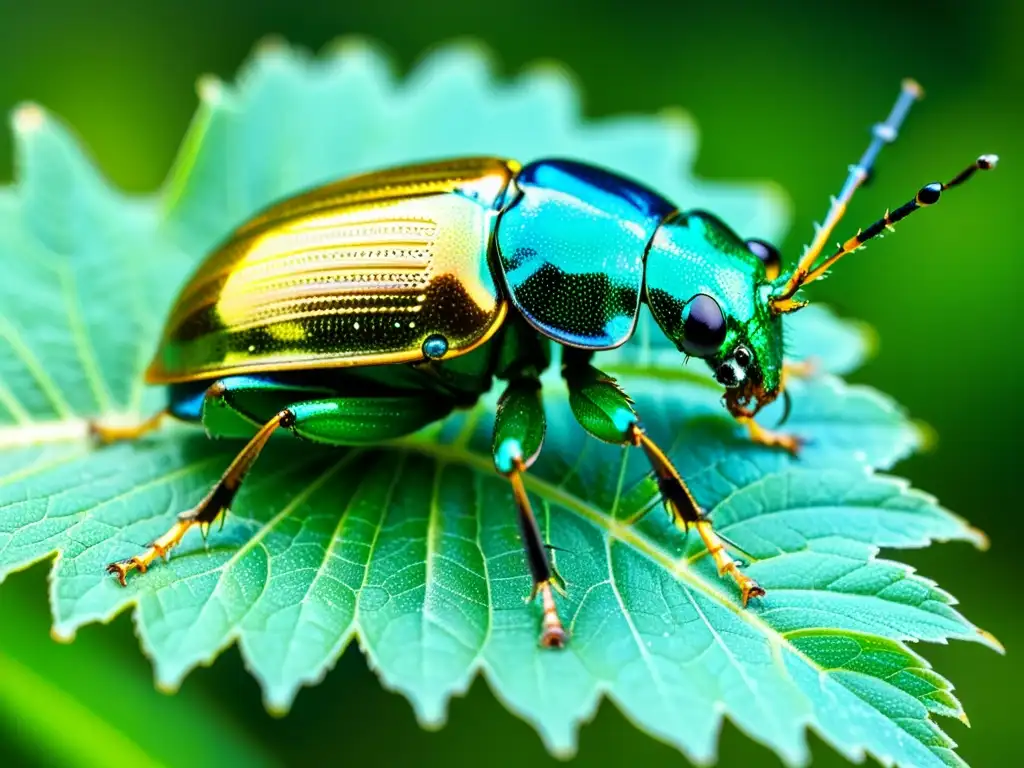 Detalle asombroso de un vibrante escarabajo verde en su hábitat natural, destacando sus patrones y texturas