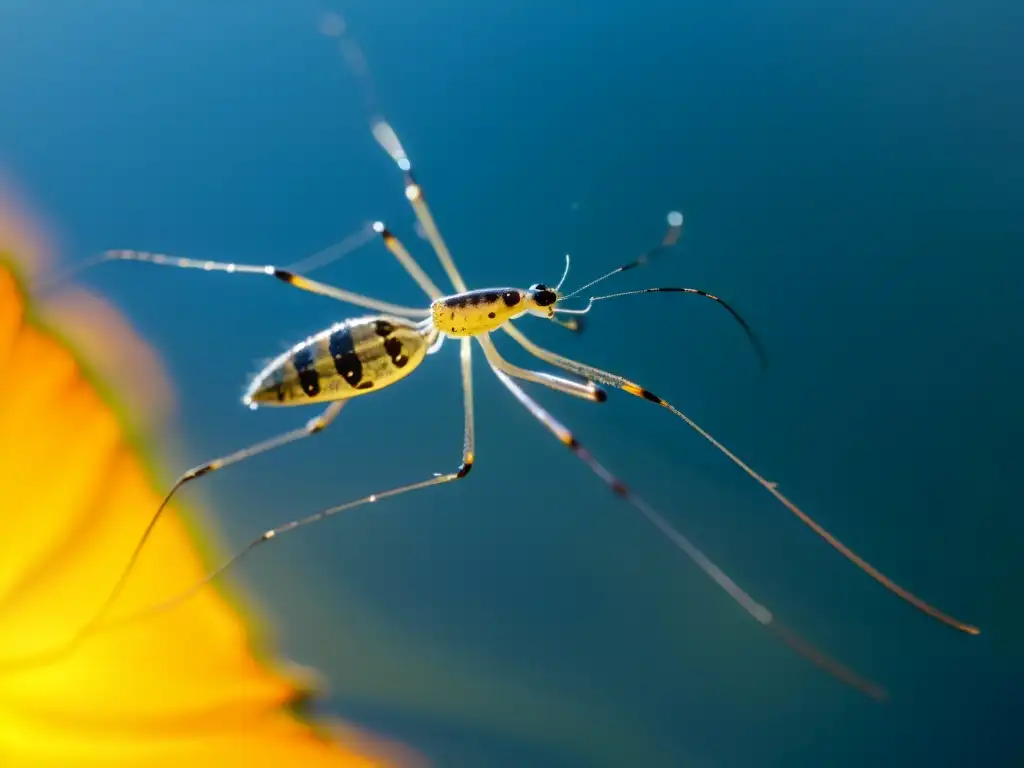 Detalle asombroso de un zapatero de agua en superficie quieta, reflejando la fragilidad de los insectos frente a los efectos del agua contaminada