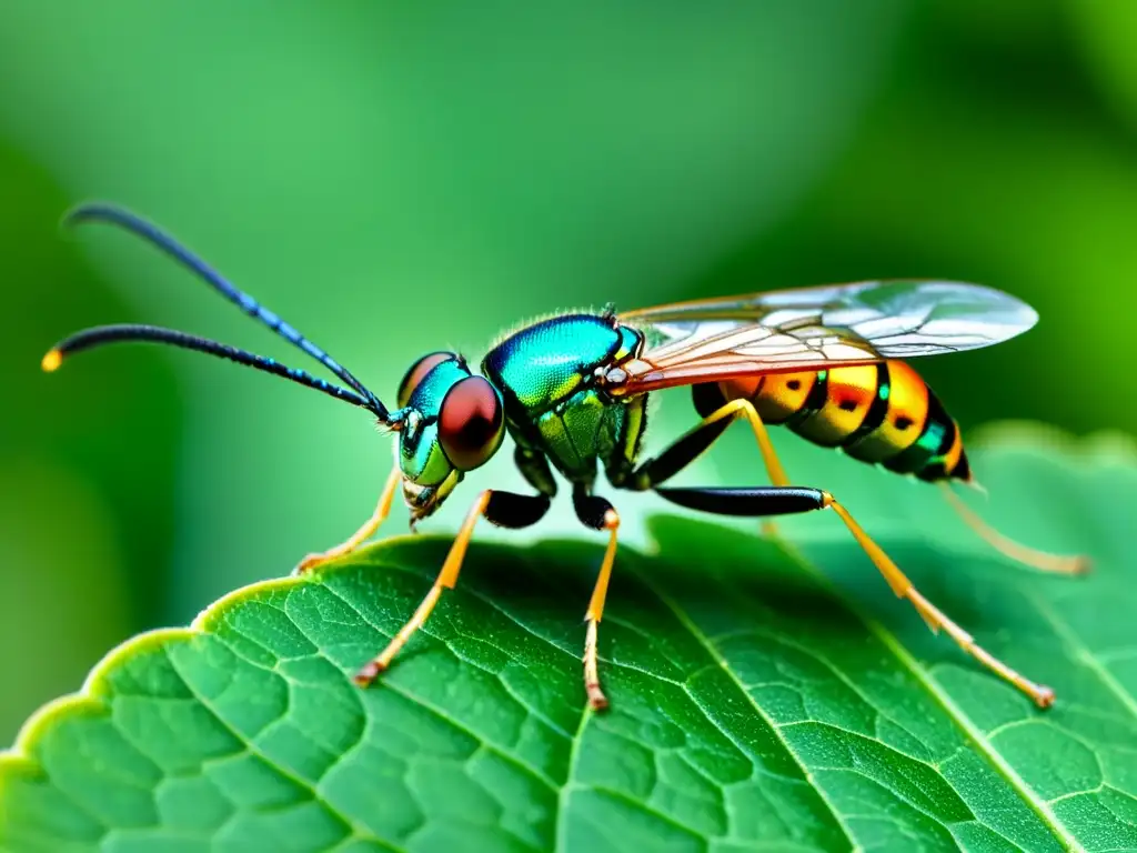 Detalle de avispas parasitoides en hoja, mostrando belleza y beneficio para cultivos