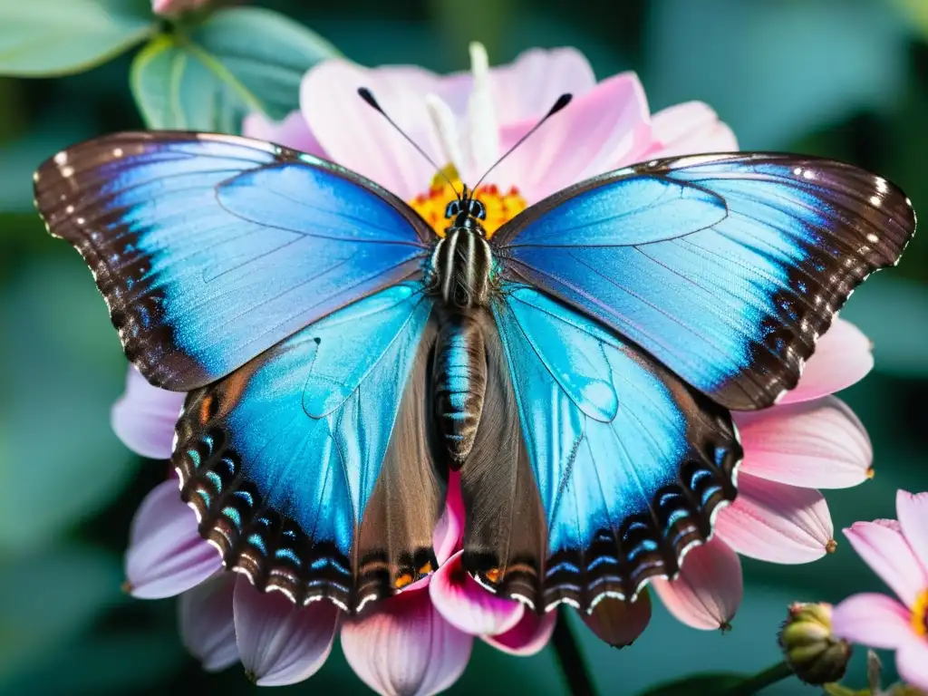 Detalle de mariposa Morpho azul sobre flor rosa, resaltando la importancia de la coloración en insectos y la belleza de la naturaleza