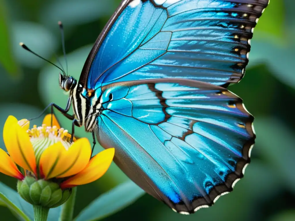 Detalle de mariposa morpho azul iridiscente en flor tropical, destacando la belleza de especies de insectos exóticos raros