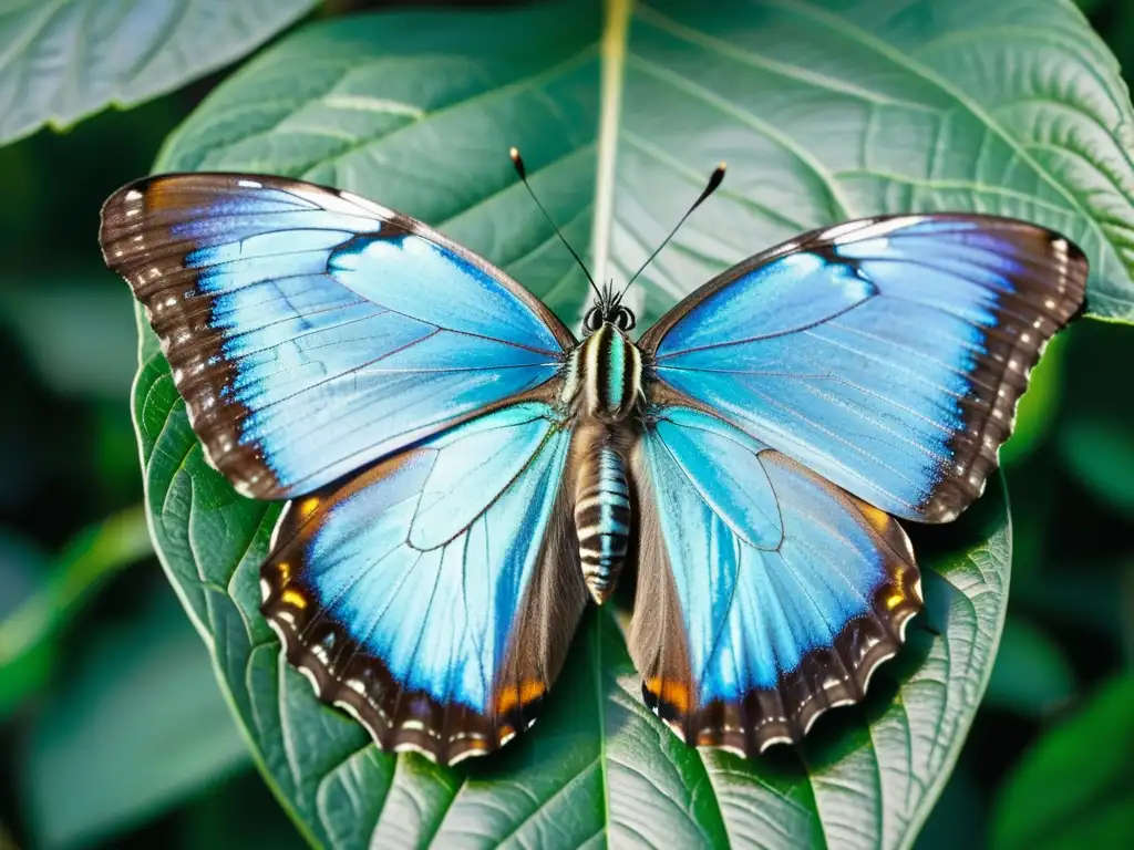 Detalle de mariposa morpho azul iridiscente en hoja verde, resaltando conservación de insectos amenazados en zoológicos