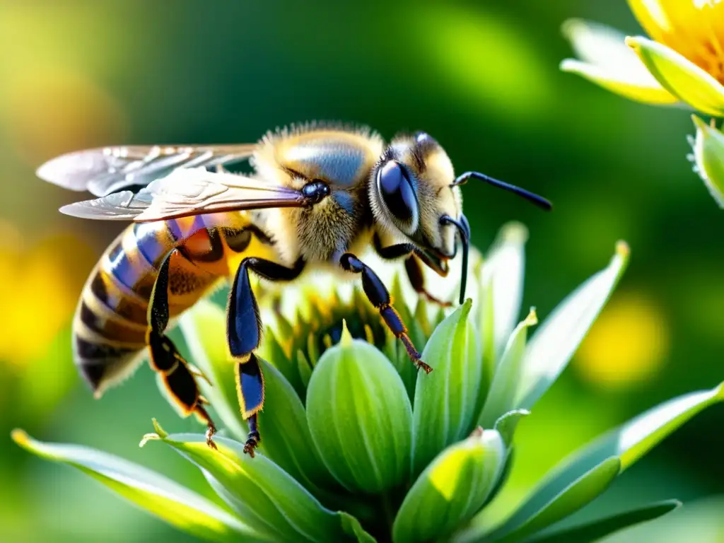 Detalle del baile de la abeja interpretando el lenguaje en un vibrante jardín