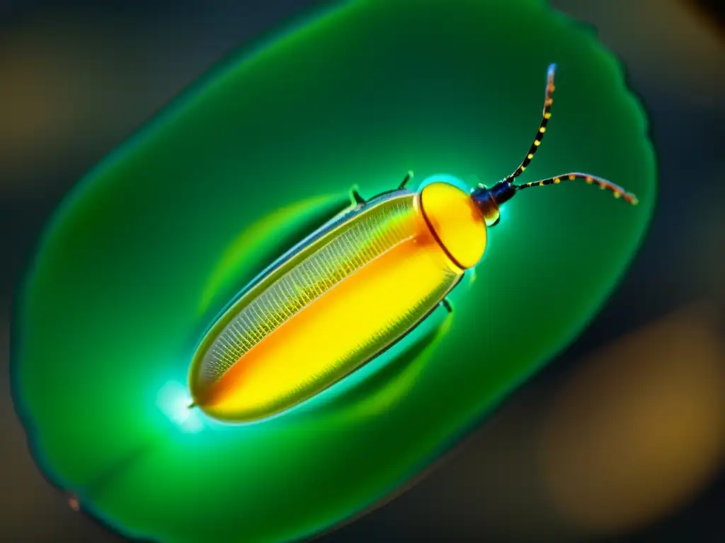 Detalle de la bioluminiscencia en insectos nocturnos: asombrosa luz verde amarillenta emanando del abdomen de un luciérnaga en la oscuridad