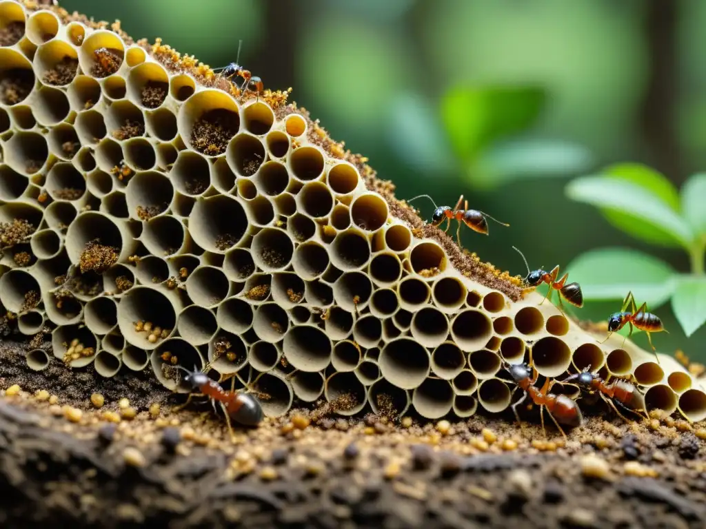 Detalle de hormiguero en el bosque, mostrando la importancia de los insectos en ecosistemas con su compleja y organizada ingeniería natural