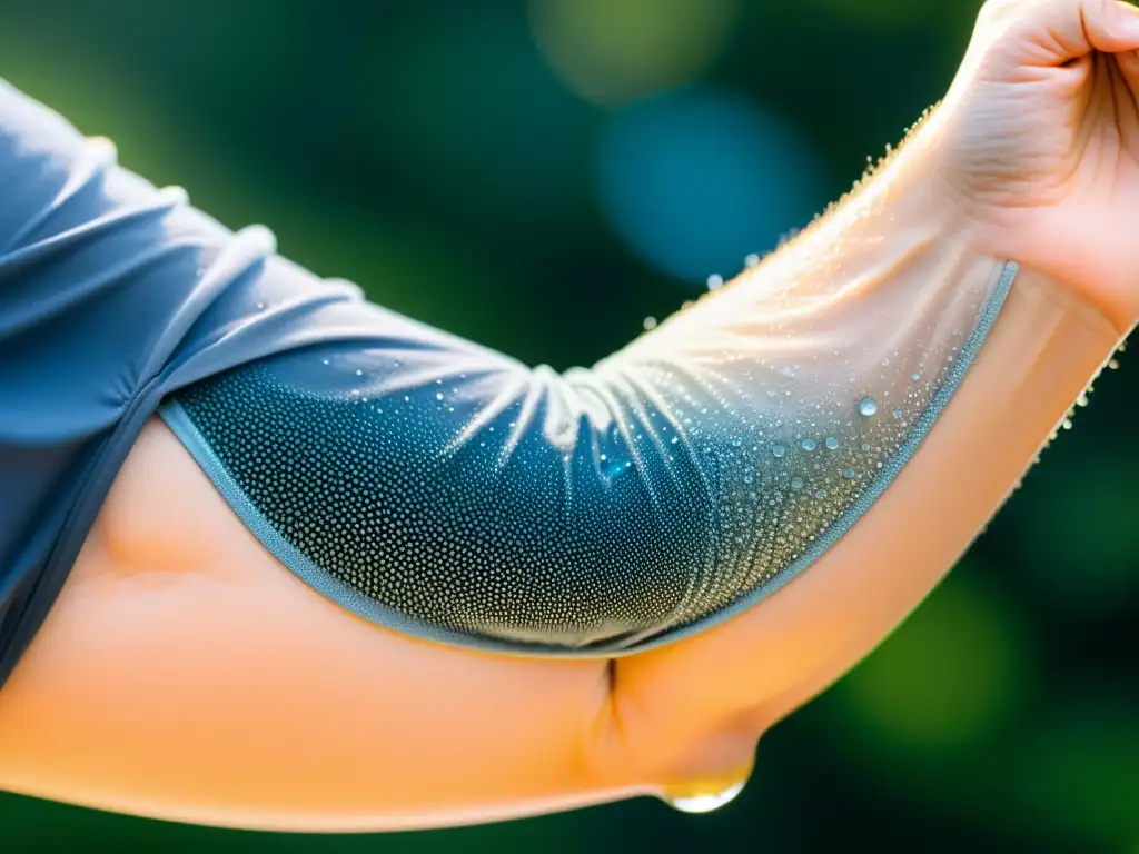 Detalle de brazo con camisa repelente de insectos, con gotas de agua