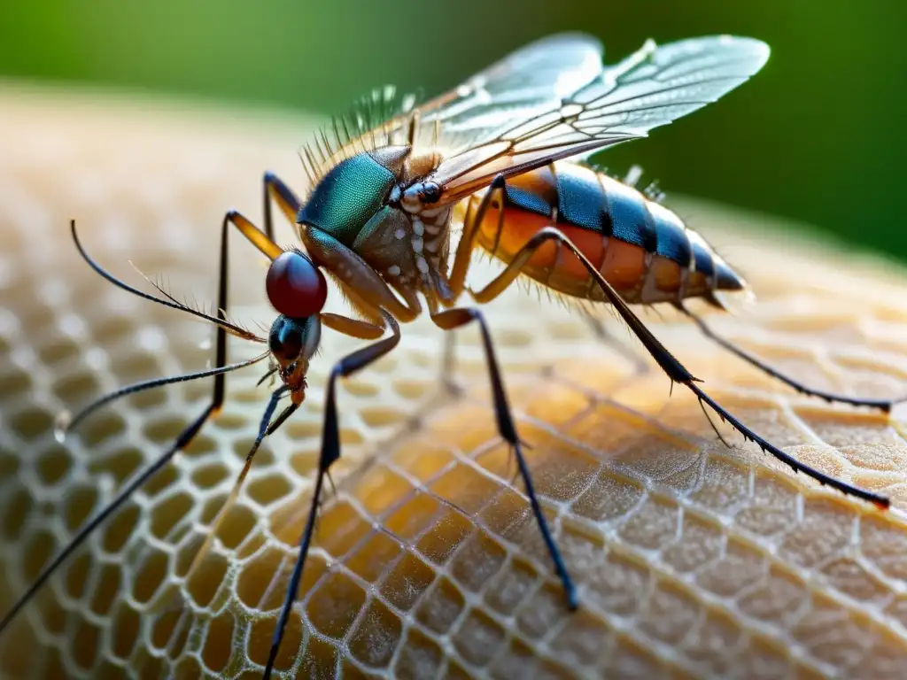 Detalle de mosquito en brazo humano, resaltando las alas traslúcidas y el peligro de enfermedades transmitidas por insectos