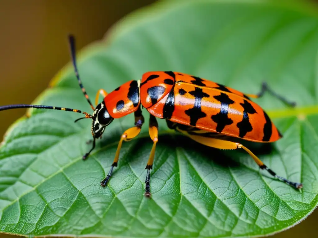 Detalle del brillante insecto Oncopeltus fasciatus sobre una hoja verde, destacando sus colores de advertencia aposemática