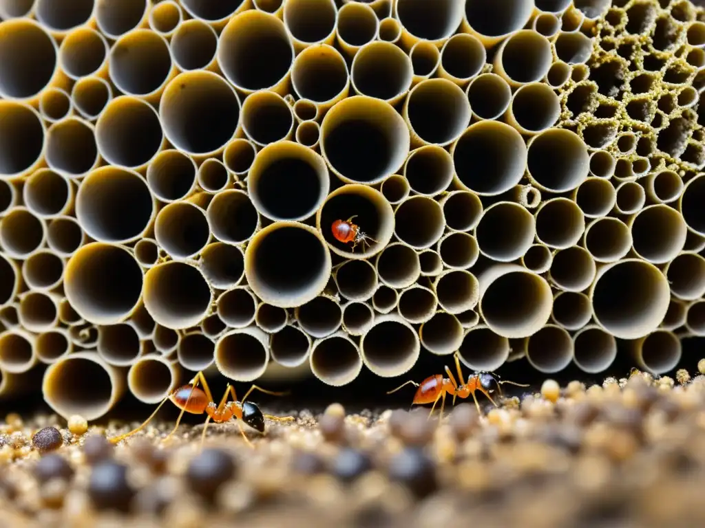 Detalle de una bulliciosa colonia de hormigas, resaltando la importancia de las hormigas en ecosistemas