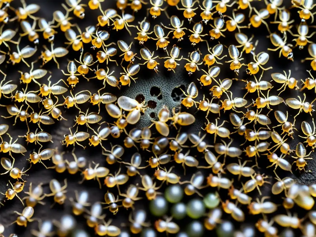 Detalle de una bulliciosa colonia de hormigas mostrando su comportamiento insectil: comunicación y organización social en acción