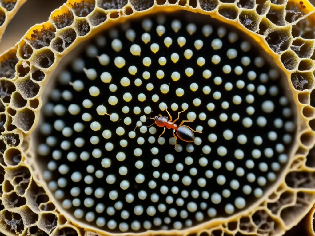 Detalle ultrarresolución de una bulliciosa colonia de hormigas, destacando su estructura y organización