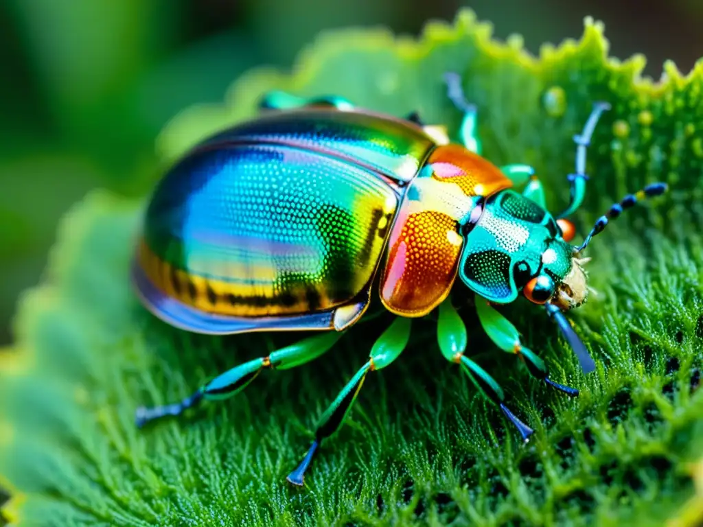 Detalle de caparazón iridiscente de escarabajo sobre musgo verde brillante