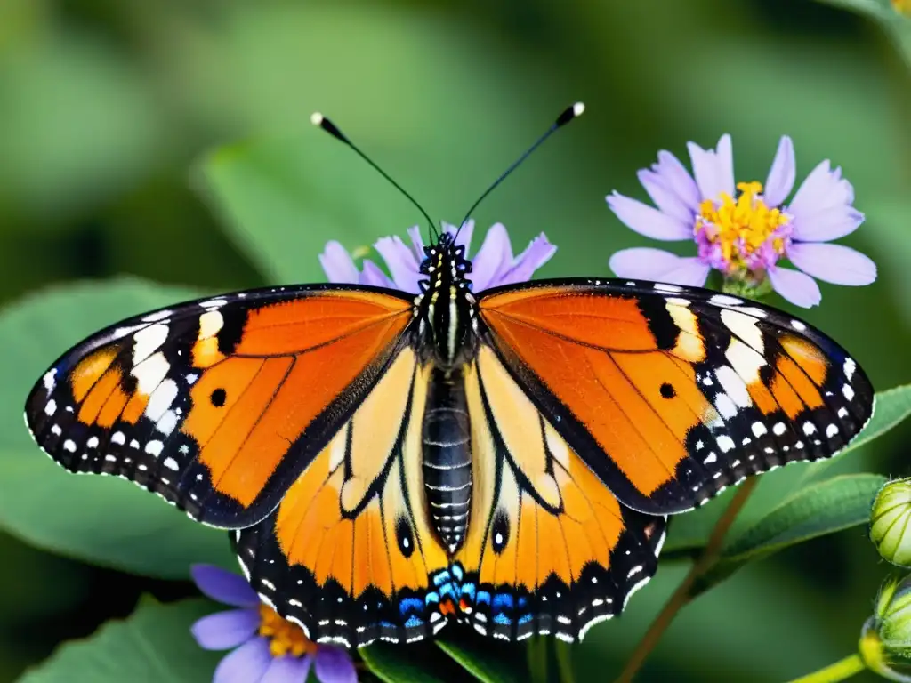 Detalle cautivador de una mariposa monarca en una colorida flor silvestre