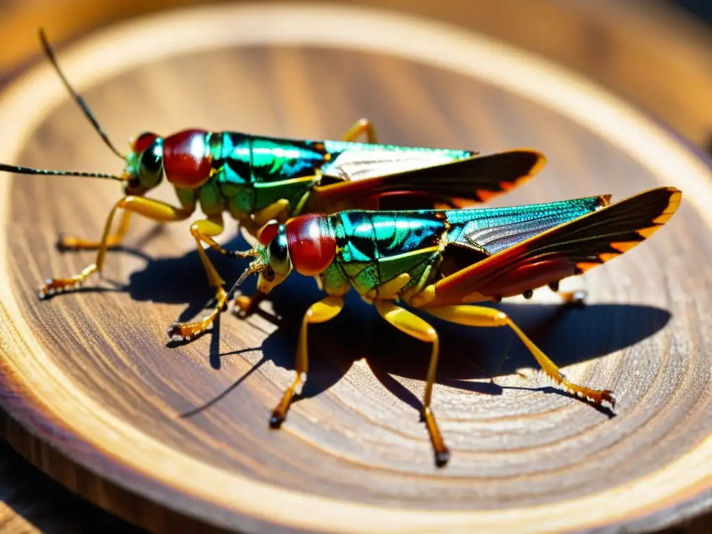 Detalle en alta definición de chapulines en plato de madera, resaltando su colorido y textura