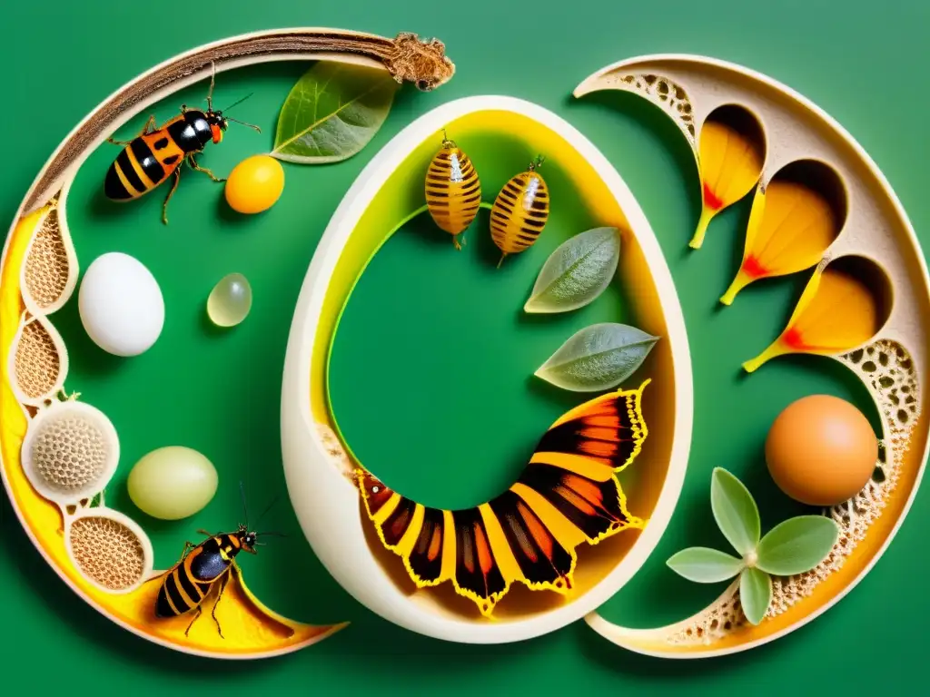 Detalle del ciclo de vida de insecto con mecanismos de defensa y transformación
