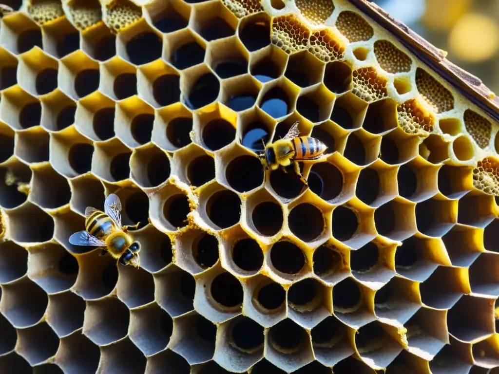 Detalle de colmena abandonada con celdas hexagonales, polen esparcido y abejas con alas tupidas