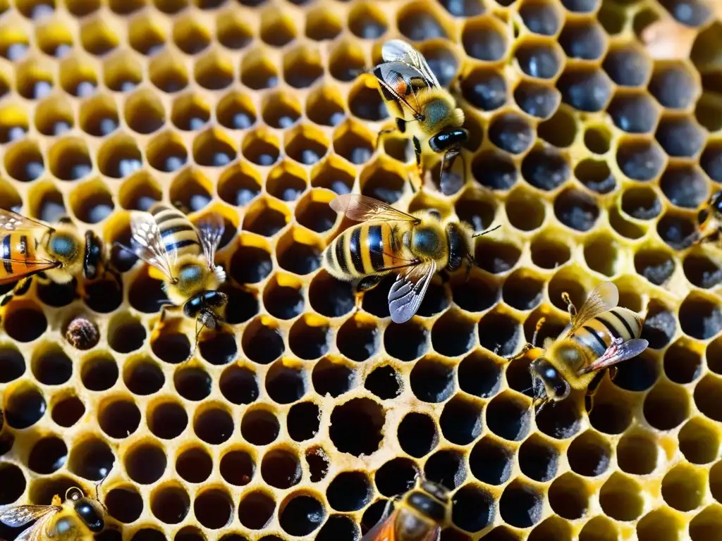 Detalle de colmena de meliponicultura vibrante con abejas laboriosas y flores coloridas