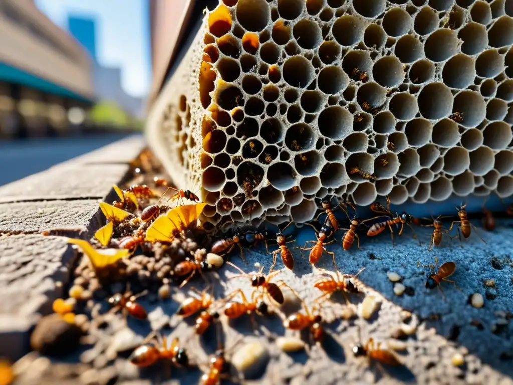 Detalle de colonia de hormigas en ciudad, resaltando importancia de ciudades para sostenibilidad de insectos y ecosistemas urbanos