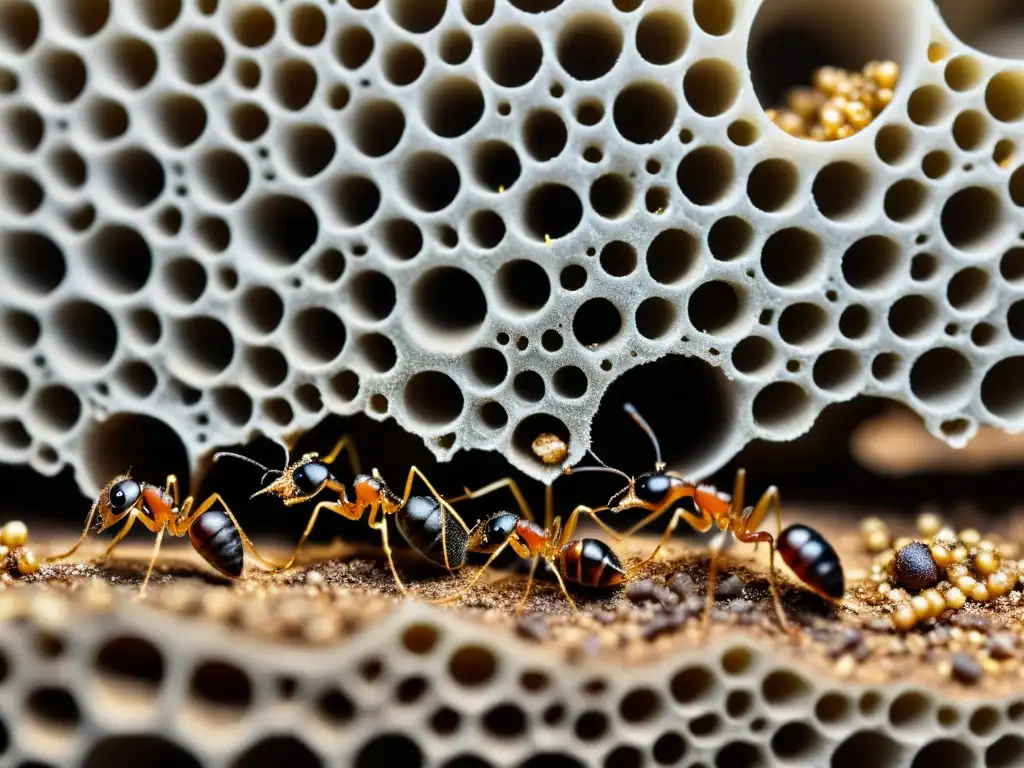 Detalle de una colonia de hormigas mostrando su complejo comportamiento social y su impacto en el ecosistema