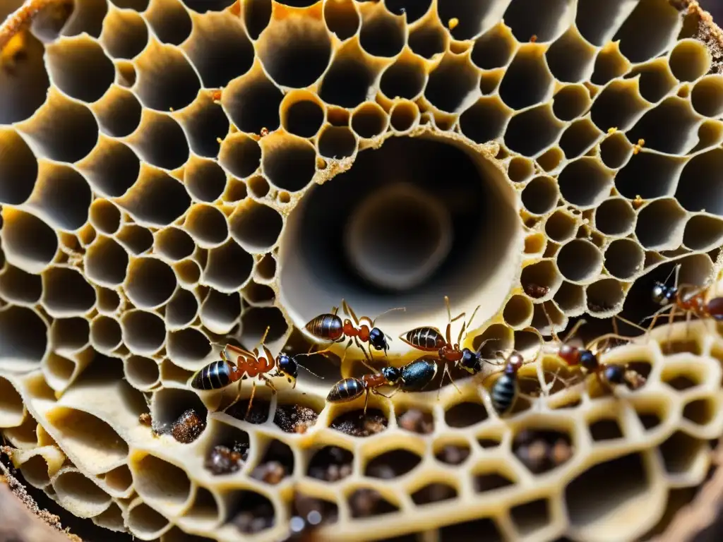 Detalle de colonia de hormigas trabajadoras, cuidando la reina y manteniendo túneles