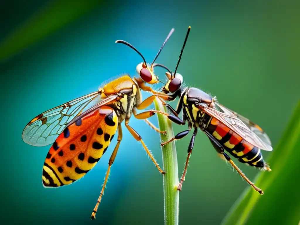 Detalle colorido del proceso de reproducción en insectos, con estructuras únicas y complejidad fascinante