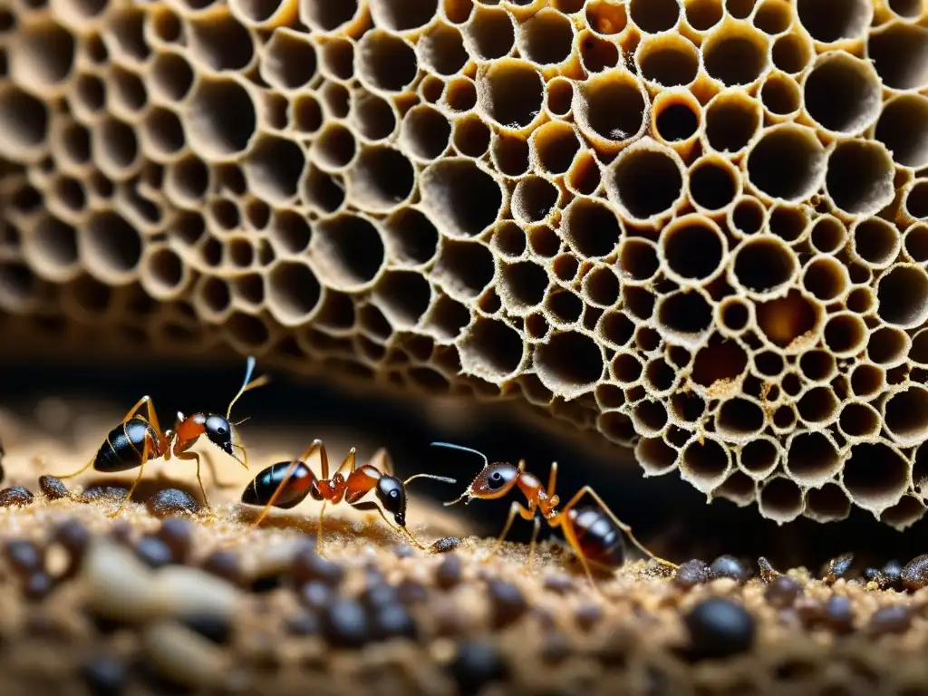 Detalle de la compleja organización de una colonia de hormigas, resaltando la importancia de los insectos en ecosistemas