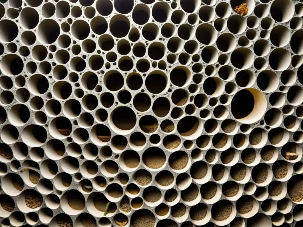 Detalle de la compleja red de túneles y cámaras en un hormiguero, destacando las estructuras construidas por insectos ingenieros