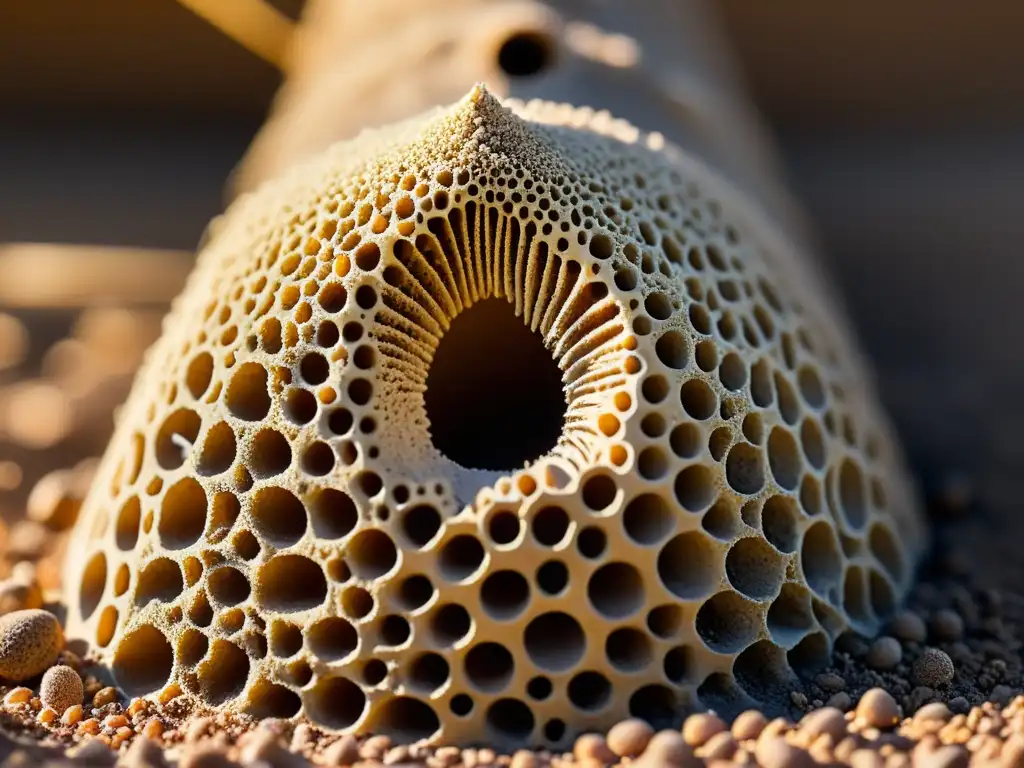 Maravilla de arquitectura: Nido de termitas detallado Detalle de una construcción defensiva de insectos, mostrando la compleja red de túneles y cámaras en un montículo de termitas