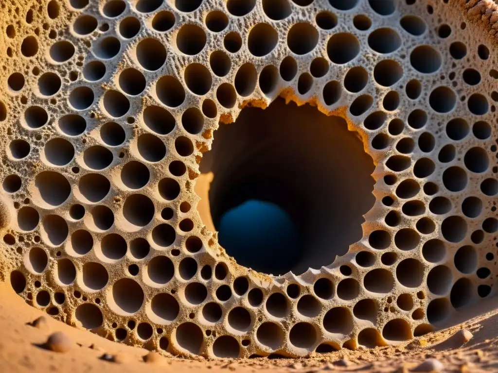 Maravilla arquitectónica: el intrincado mundo de un hormiguero Detalle de construcciones defensivas de insectos: compleja red de túneles y cámaras en un termitero, con termitas en movimiento