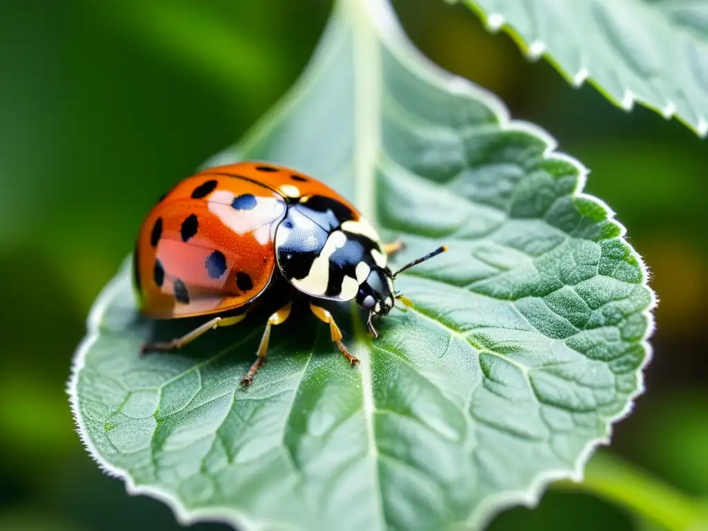Detalle de control biológico aéreo de plagas agrícolas: mariquita en hoja de tomate, con alas desplegadas y texturas naturales a la luz del sol