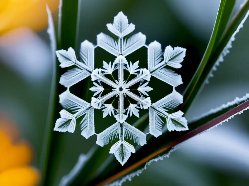 Detalle de copos de nieve sobre pétalos helados, estrategias alimentación insectos invierno frío, fragilidad y belleza invernal