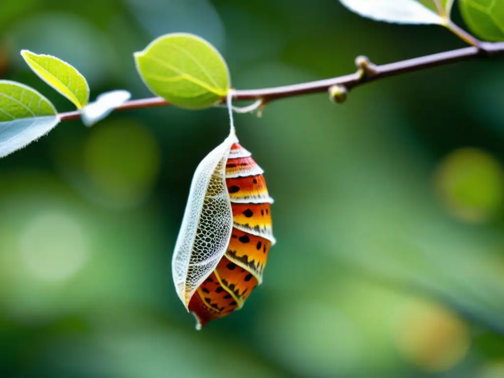 Detalle de crisálida de polilla en un entorno natural, representando la metamorfosis en polillas: importancia ecológica