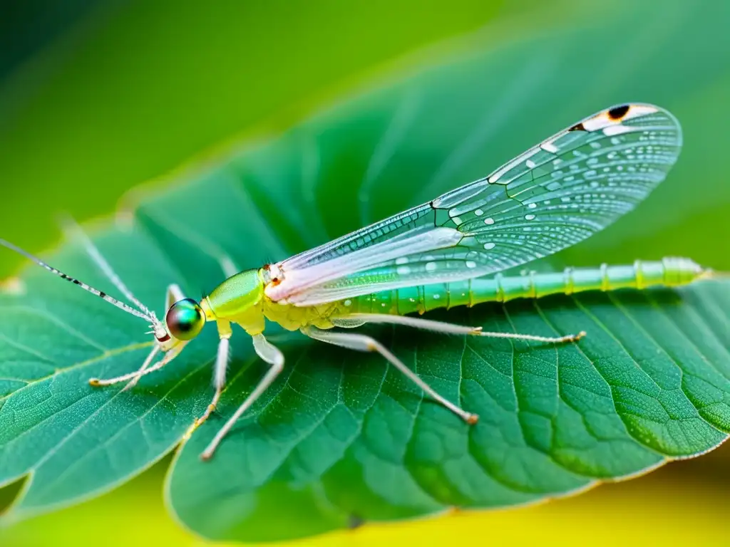 Detalle de las delicadas alas de un insecto crisopa verde, mostrando su estructura transparente y los patrones intrincados