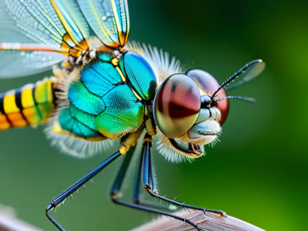 Detalle del diseño aerodinámico de las alas de una libélula, con finas venas y pelos que reflejan la luz, mostrando su belleza y eficiencia en vuelo