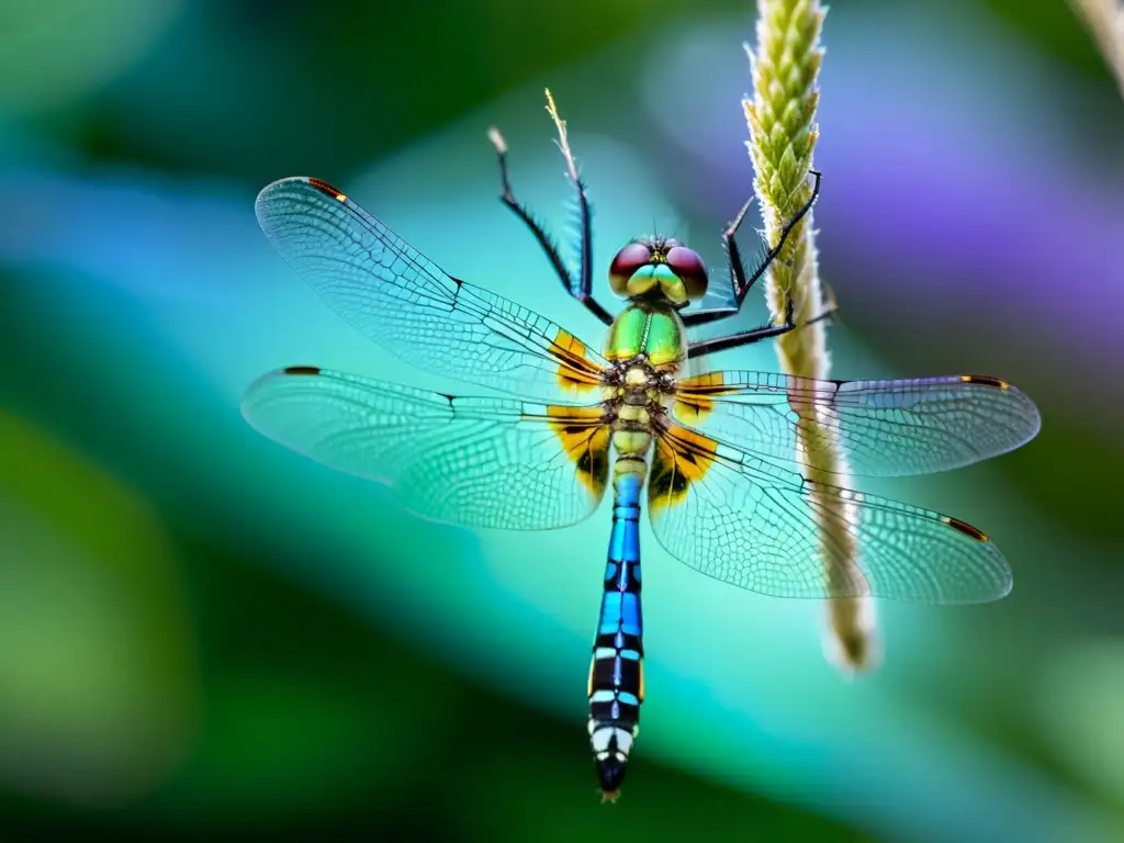 Detalle del diseño aerodinámico de las alas del insecto libélula, con matices iridiscentes de azul, verde y morado, exudando gracia y belleza natural