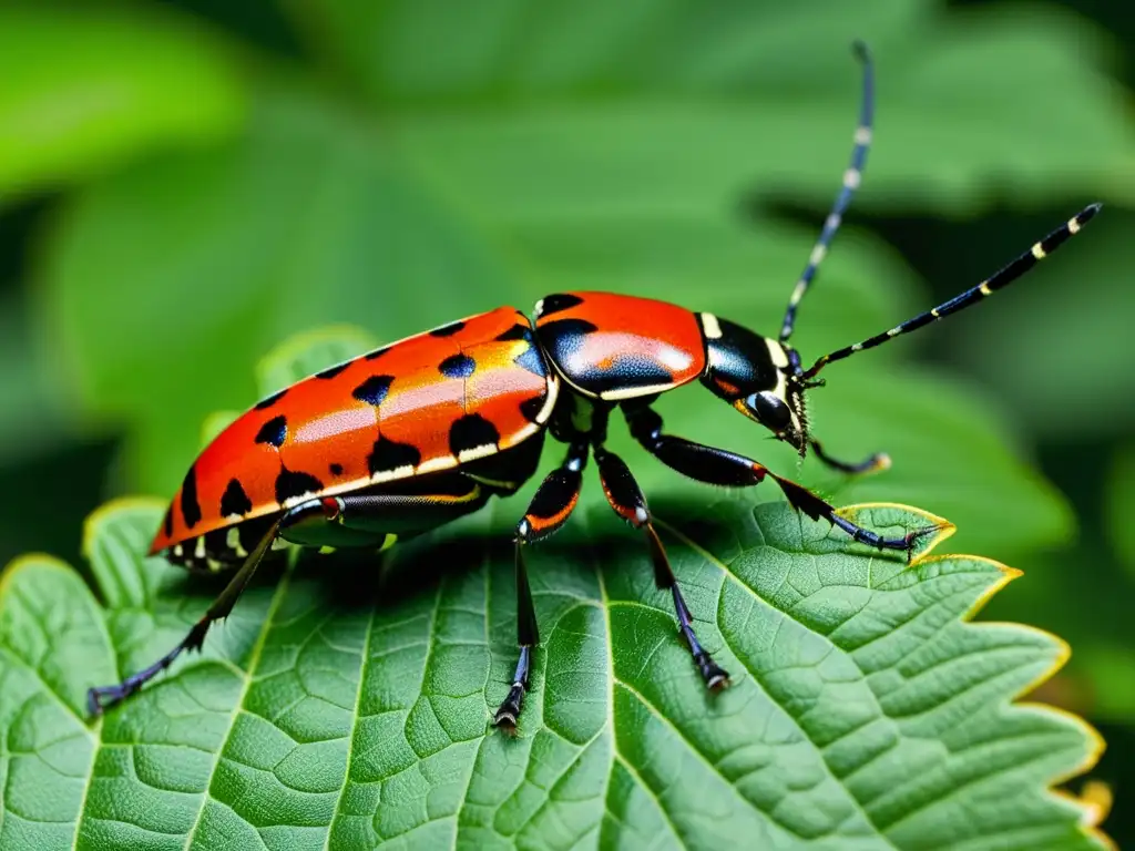 Detalle de un escarabajo arlequín rojo y negro (Acrocinus longimanus) en una hoja verde, mostrando su coloración aposemática