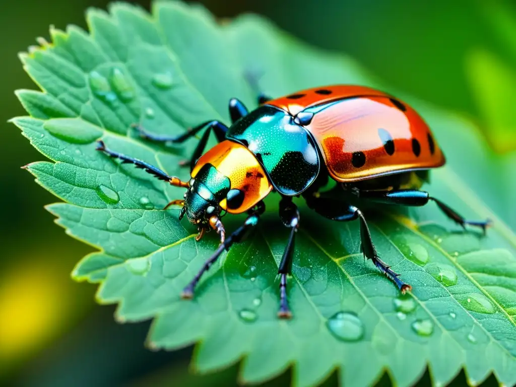 Detalle de escarabajo colorido sobre hoja verde, resaltando la importancia de los insectos en reforestación