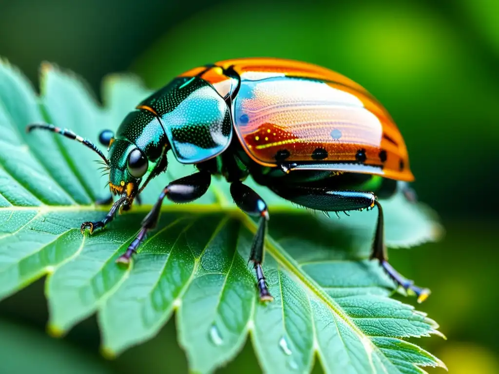 Detalle de un escarabajo colorido sobre una hoja verde, destacando sus patrones y texturas