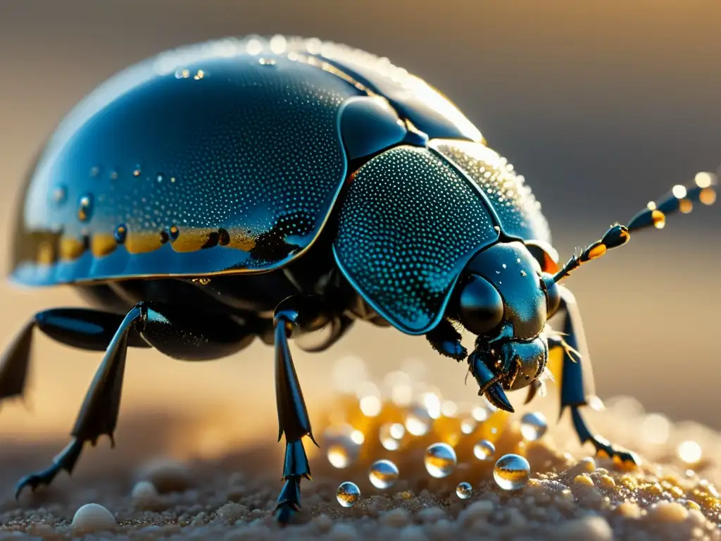 Detalle de un escarabajo del desierto cubierto de gotas de agua, mostrando sus estrategias de supervivencia de insectos en ambientes áridos