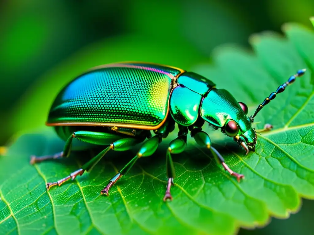 Detalle de escarabajo Chrysina resplendens con exoesqueleto iridiscente y patrones, en un fondo de follaje