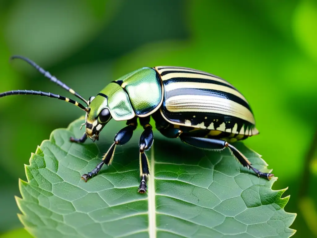 Detalle del escarabajo Goliathus goliatus en hoja, resaltando su exoesqueleto iridiscente y tamaño impresionante