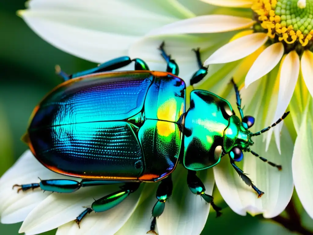 Detalle de un escarabajo iridiscente en una flor, mostrando la importancia de los insectos en la ecología