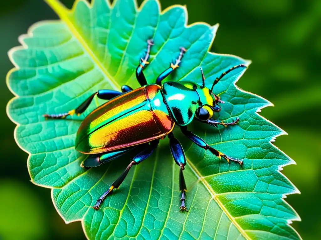 Detalle de escarabajo iridiscente en hoja verde, método ético estudio insectos hábitat