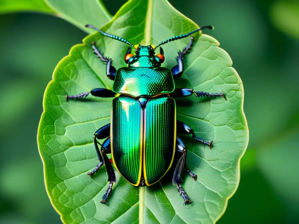 Detalle de un escarabajo iridiscente en una hoja, resaltando la importancia de los insectos en la conservación