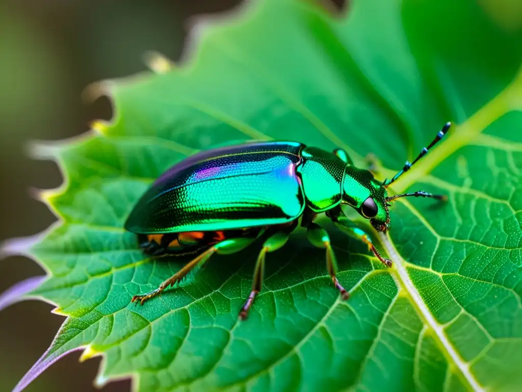 Detalle de un escarabajo iridiscente descansando en una hoja verde, con venas delicadas