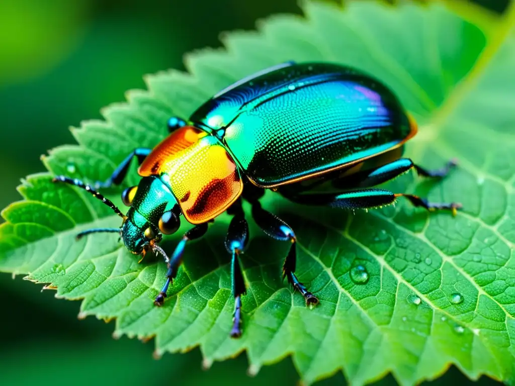 Detalle de un escarabajo iridiscente sobre una hoja, resaltando la importancia de la conservación de insectos en su hábitat natural