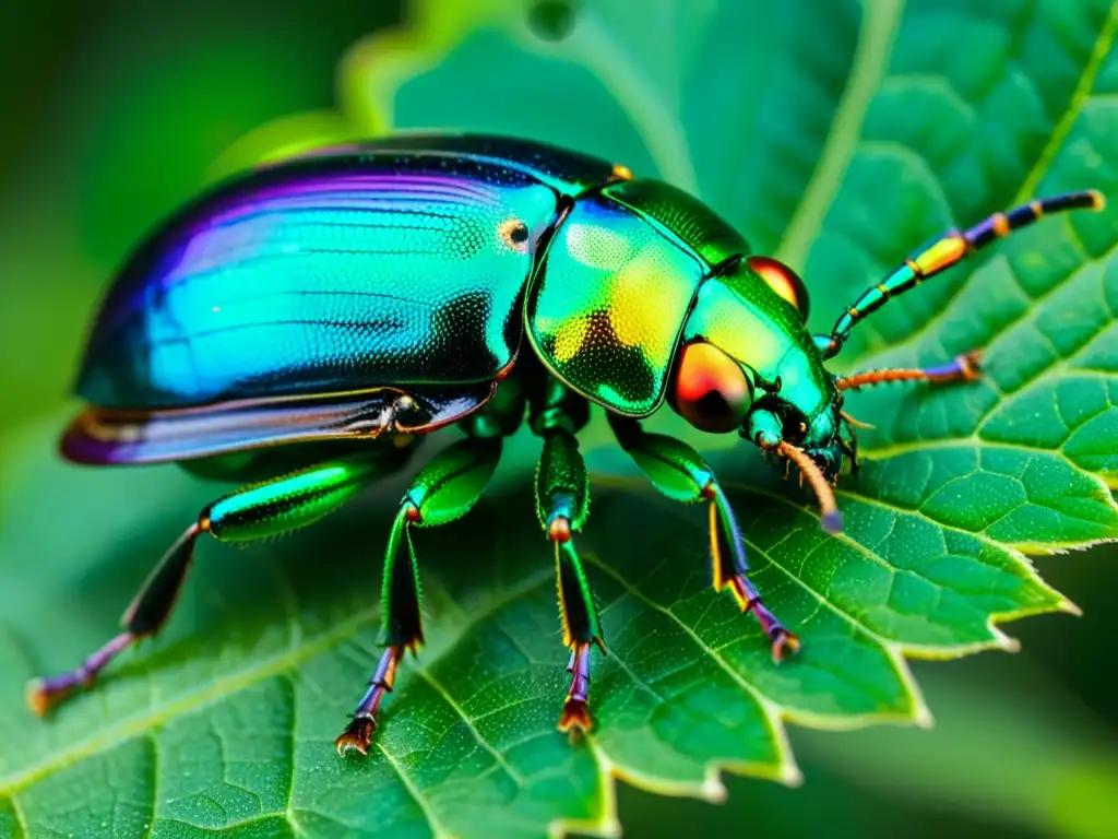 Detalle de un escarabajo iridiscente en una hoja verde, mostrando la diversidad genética de insectos