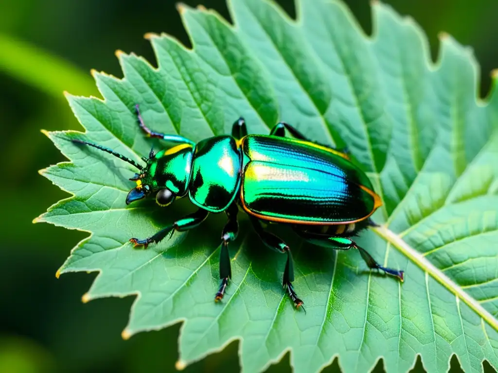 Detalle de escarabajo iridiscente sobre hoja, resaltando su belleza y la importancia del coleccionismo ético de insectos sin dañar